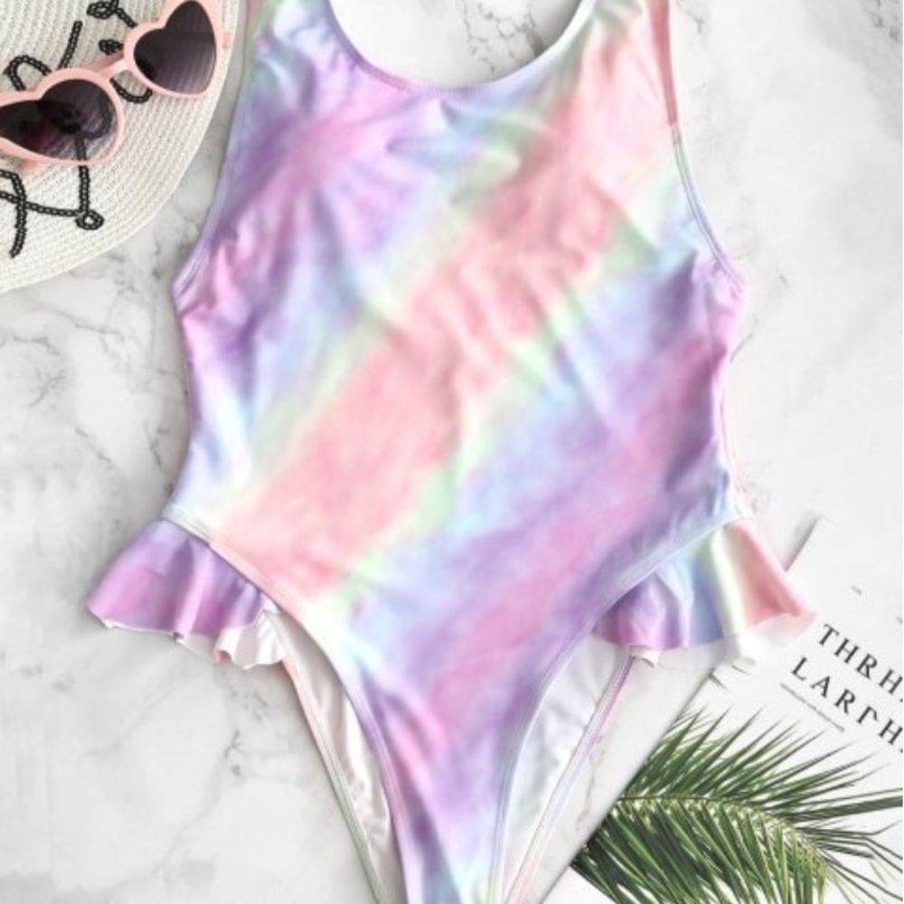 Pastel tie dye ruffle one piece swimsuit
